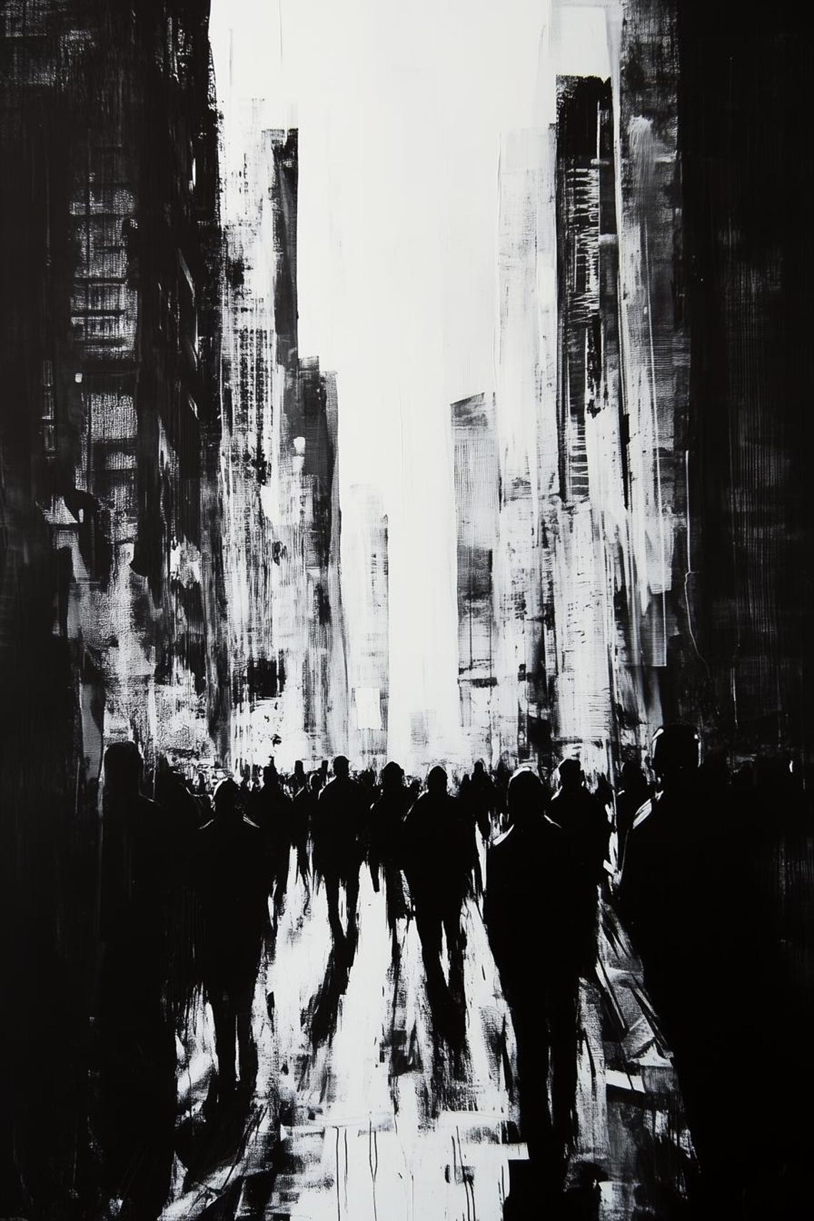 Black and White Abstract Cityscape with Crowd Silhouettes Poster