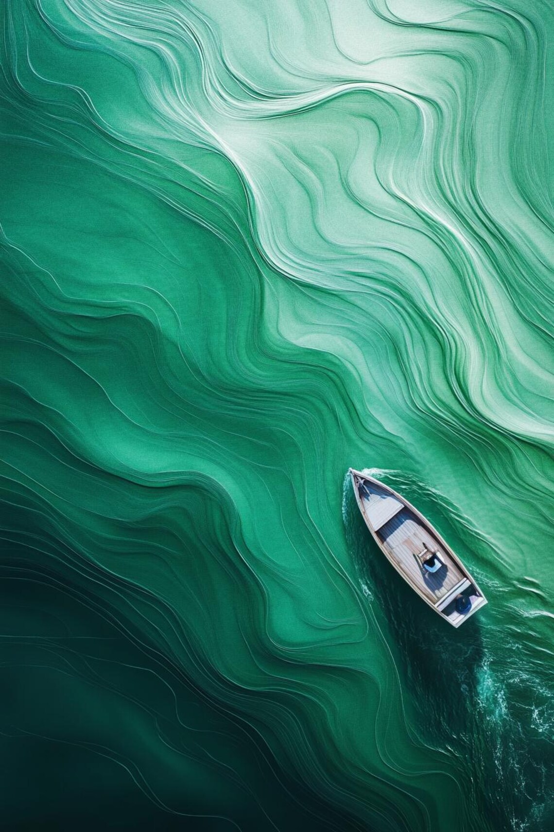Aerial View Single Wooden Boat Emerald Green Swirling Water Art Poster