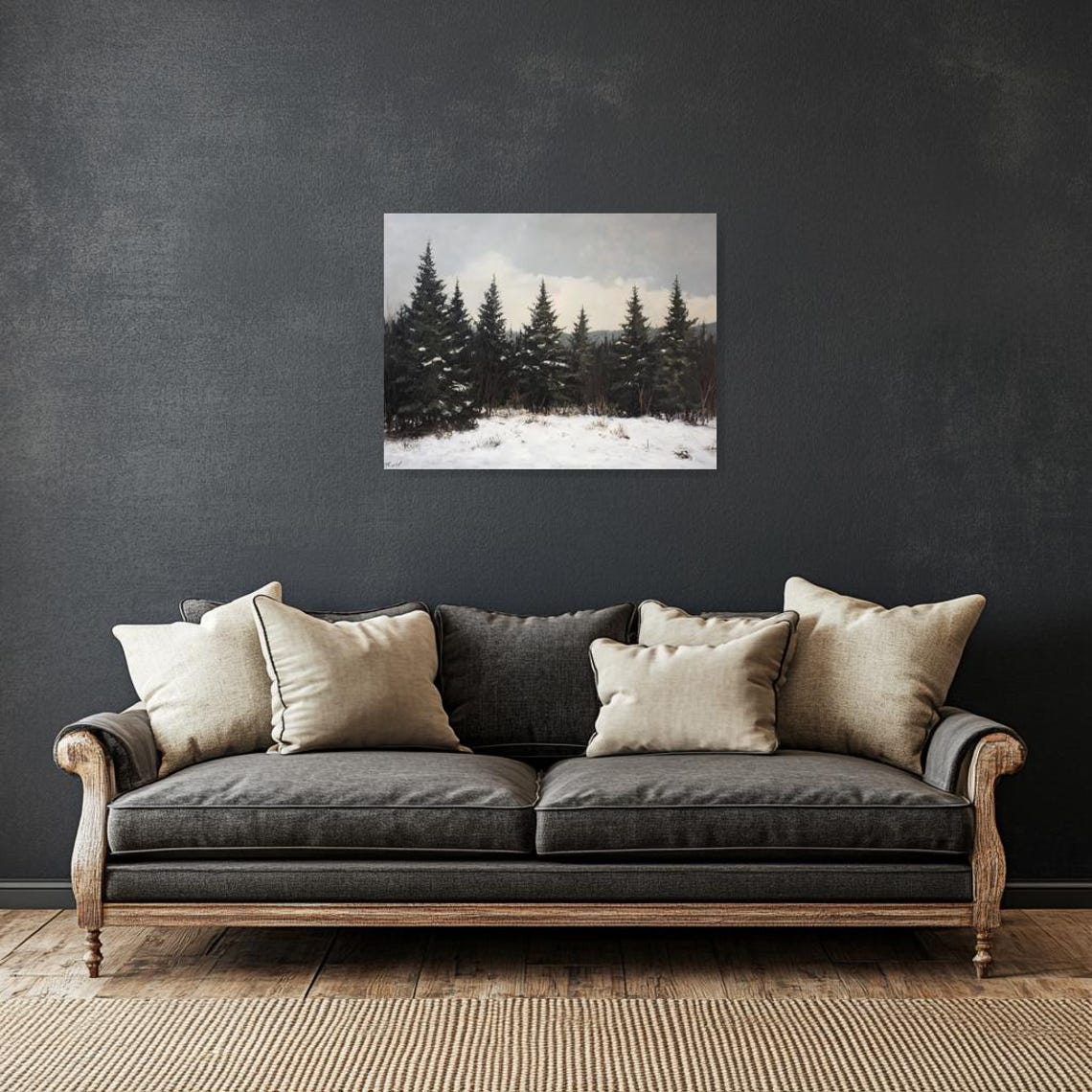 Snowy Pine Forest Winter Landscape Painting Under Pale Sky Poster - Image 3