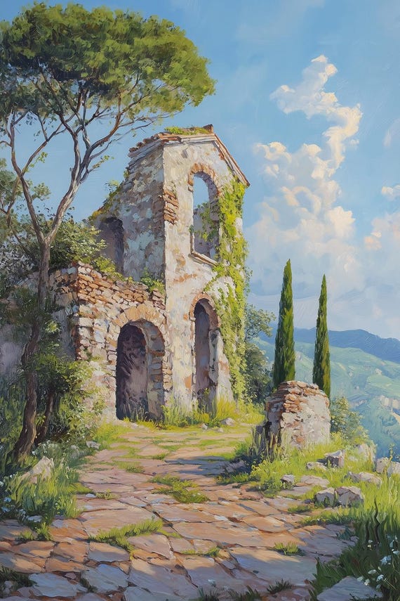 Custom Print Of Abandoned Stone Ruins Inspired By Claude Monet With Lush Greenery For Home Decor Wall Art