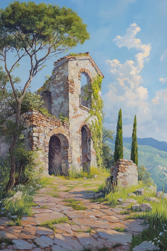 Ivy Covered Stone Ruins Cypress Trees Sunny Countryside Poster