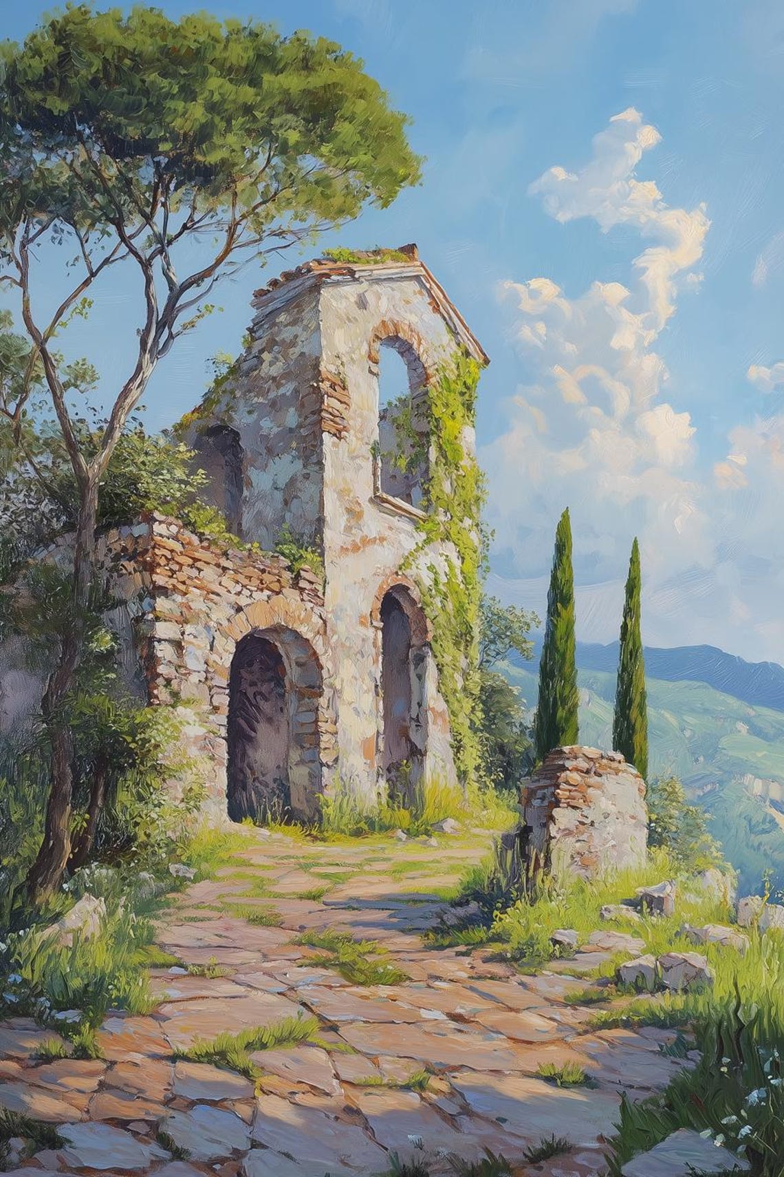 Ivy Covered Stone Ruins Cypress Trees Sunny Countryside Poster
