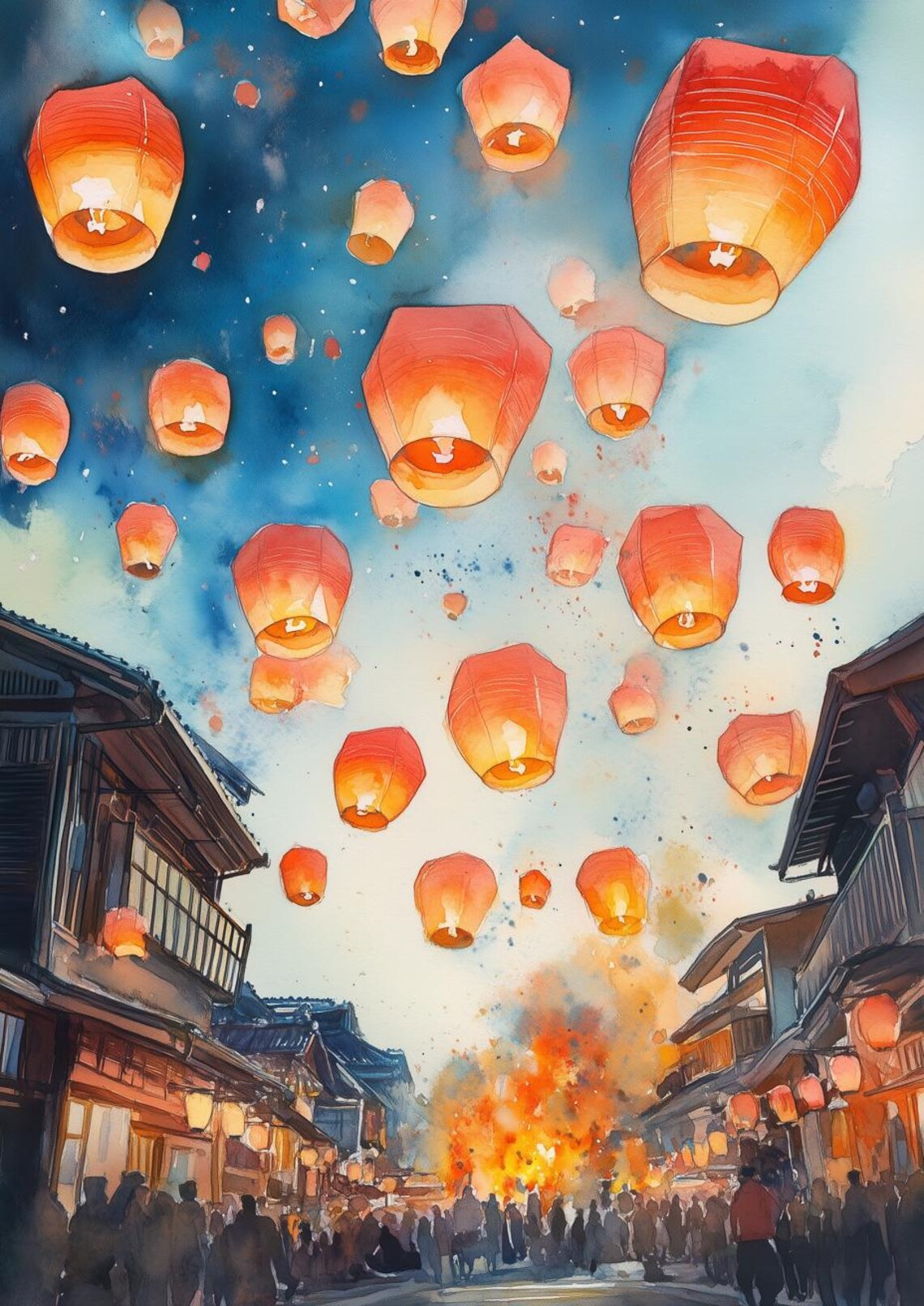 Lantern Festival, Monet-Inspired Watercolor Art Print