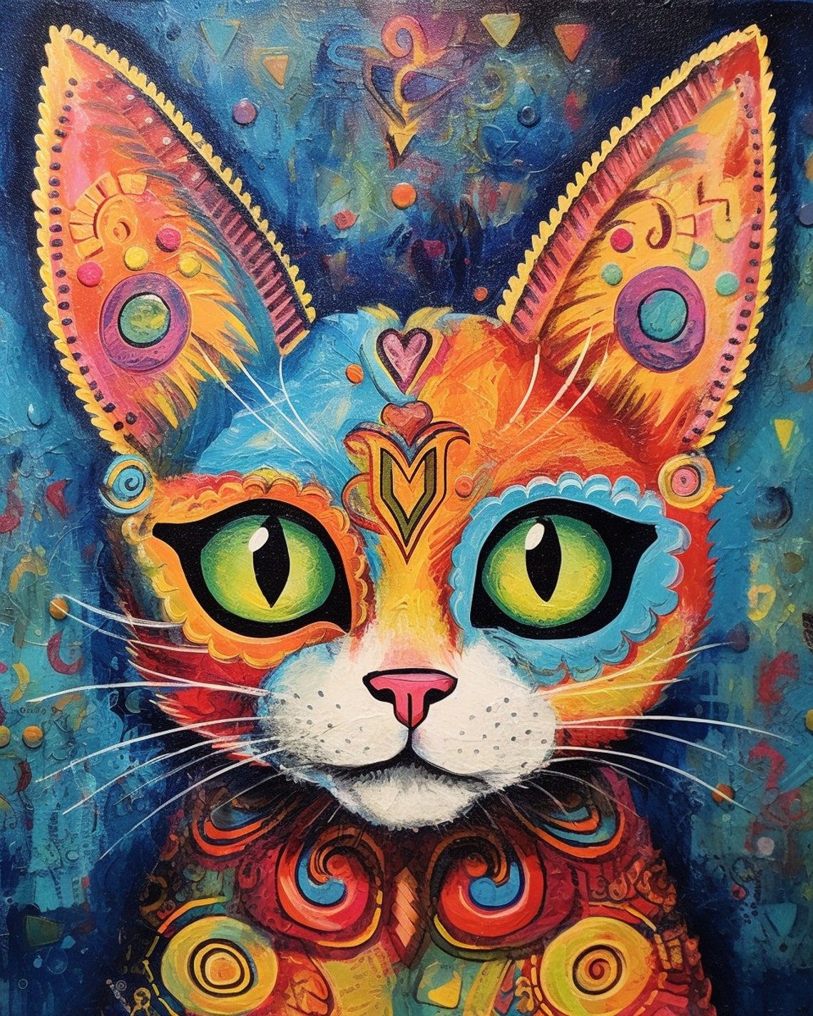 Psychedelic Rainbow Folk Art Cat Face with Big Green Eyes Poster