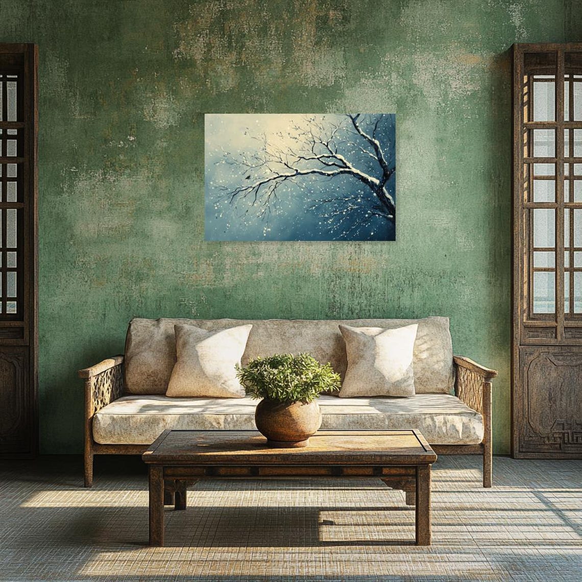 Snow-Laden Tree Branches Falling Snow Winter Night Painting Poster - Image 3
