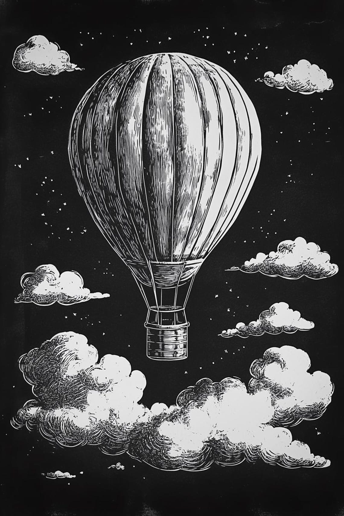 Vintage Hot Air Balloon Night Sky Engraving Cloud Art Poster