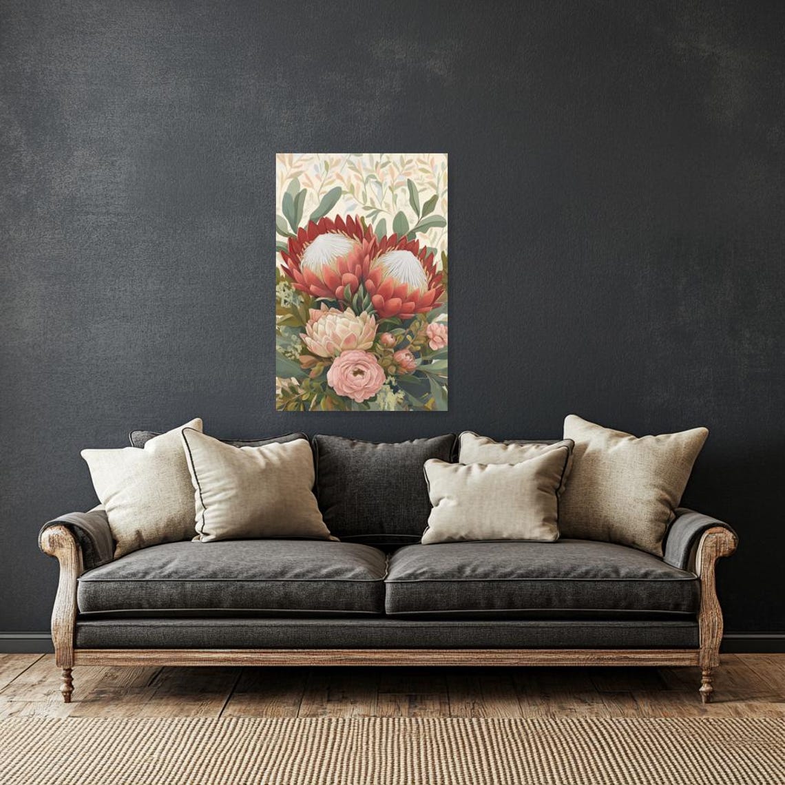 Protea and Rose Bouquet Botanical Painting in Soft Pastels Poster - Image 2