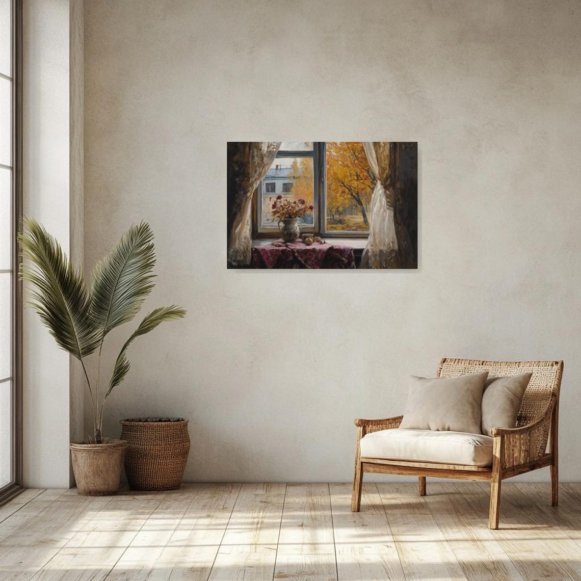 Autumn View Through Window With Flowers Cozy Impressionist Art Poster - Image 2