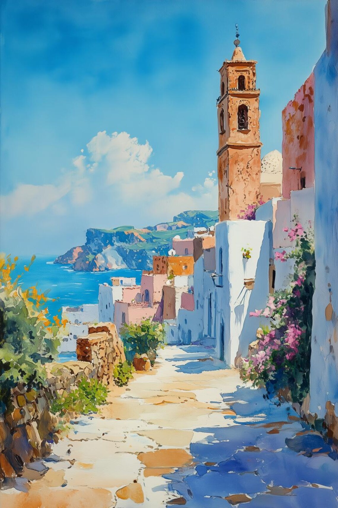 Sunny Mediterranean Coastal Village Street with Bell Tower Poster
