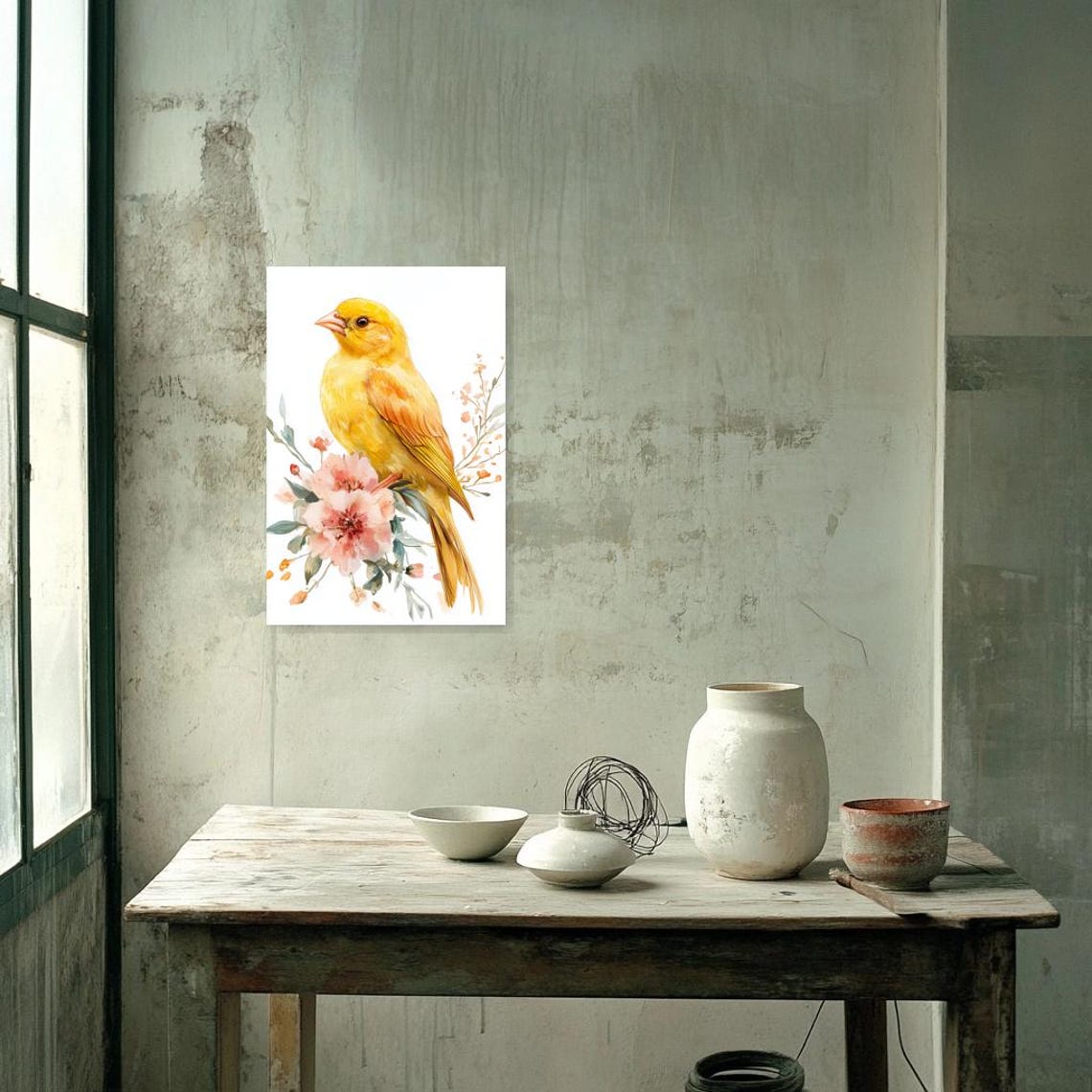 Sunny Yellow Canary Pink Blossoms Watercolor Bird Art Poster - Image 3
