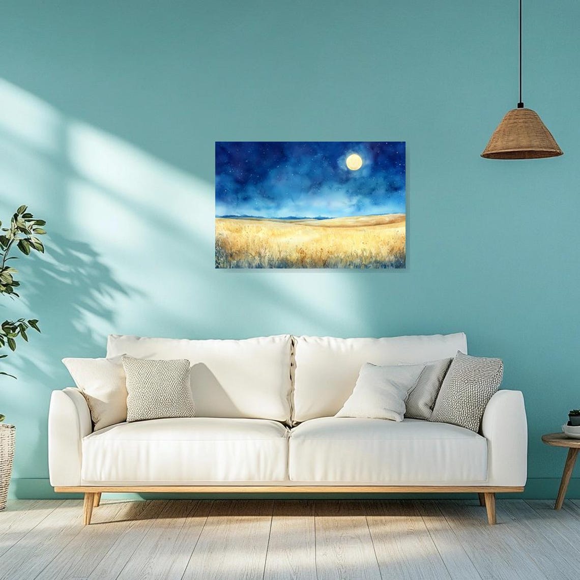 Moonlit Watercolor Night Prairie with Full Moon and Stars Poster - Image 2