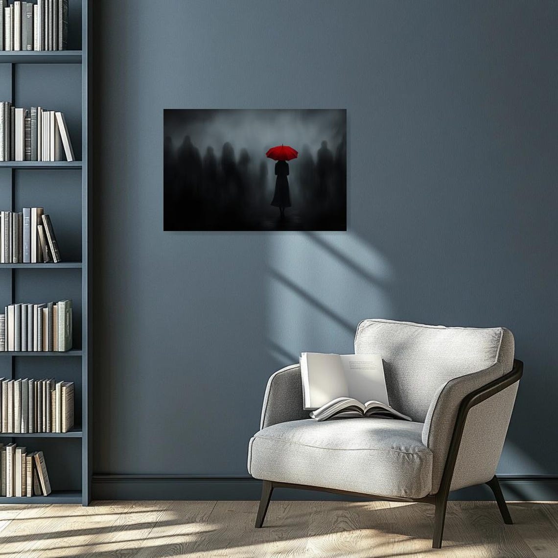 Red Umbrella Figure Dark Foggy Crowd Minimal Dramatic Poster - Image 2