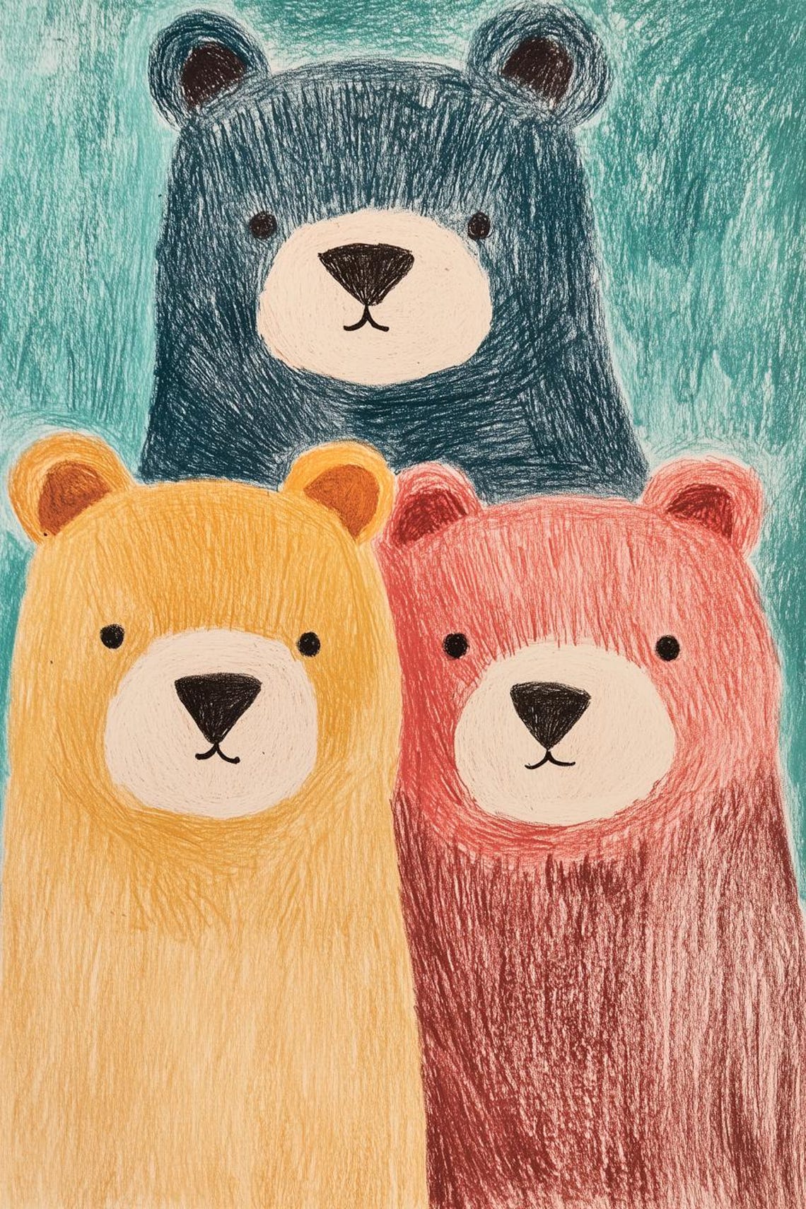 Three Cute Colorful Cartoon Bears Folk Art Style Nursery Poster