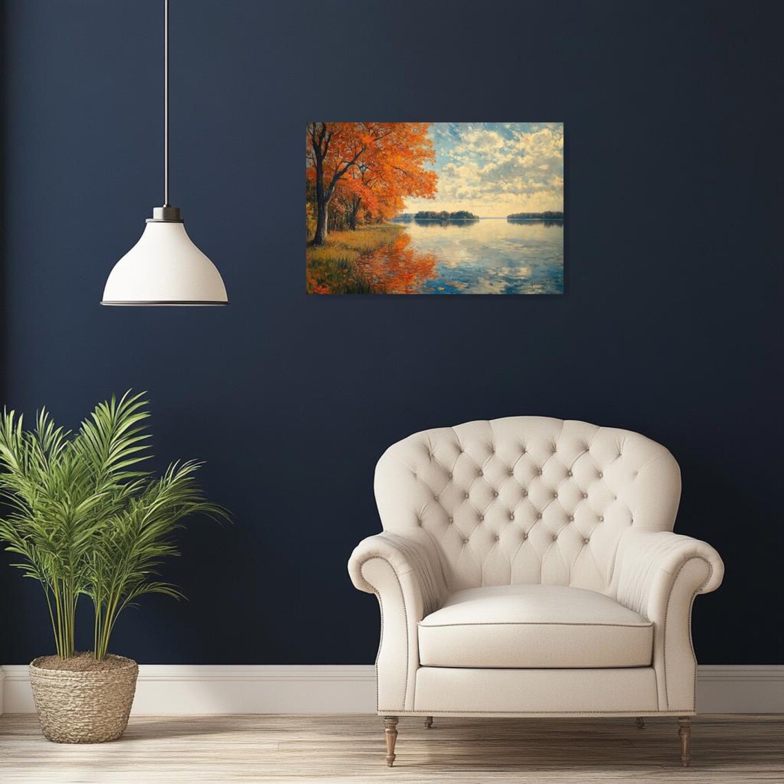 Autumn Lake With Fiery Orange Trees Impressionist Landscape Poster - Image 2