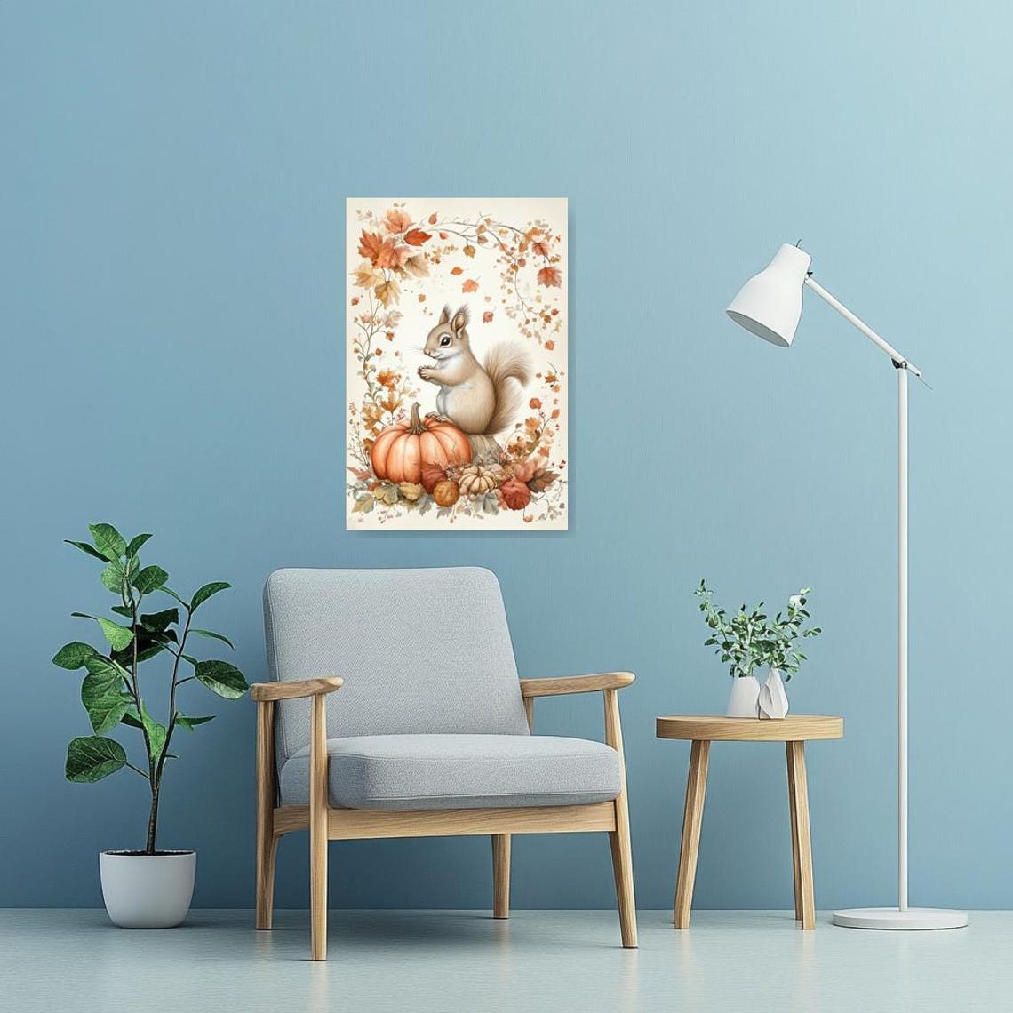 Cute Autumn Squirrel with Pumpkins Watercolor Fall Decor Poster - Image 3