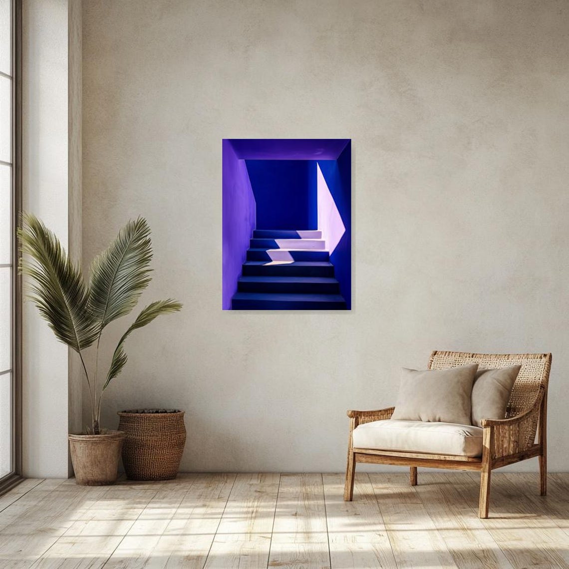 Cobalt Blue Staircase with Dramatic Sunlight and Shadow Poster - Image 2