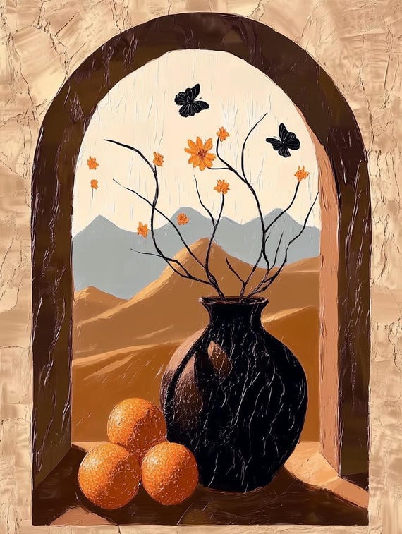 Custom Print Of Elegant Still Life Inspired By Van Gogh With Warm Tones Orange Fruits And Butterfly Details