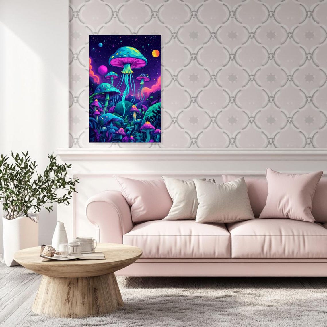 Neon Psychedelic Mushroom Forest Under Starry Night Sky Poster - Image 2