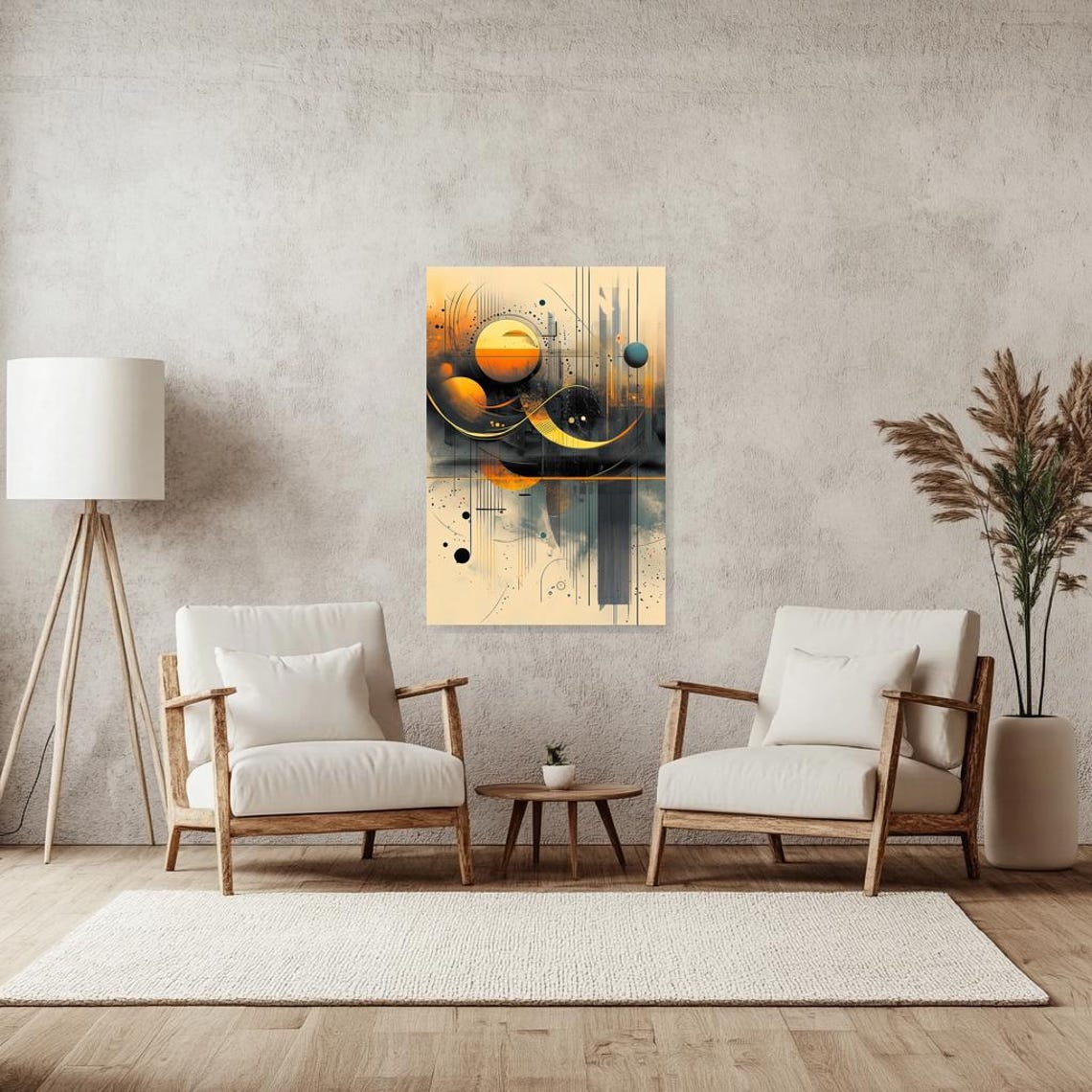 Abstract Geometric Print Inspired By Kandinsky In Warm Gold And Blue Hues For Modern Wall Art And Home Decor - Image 2
