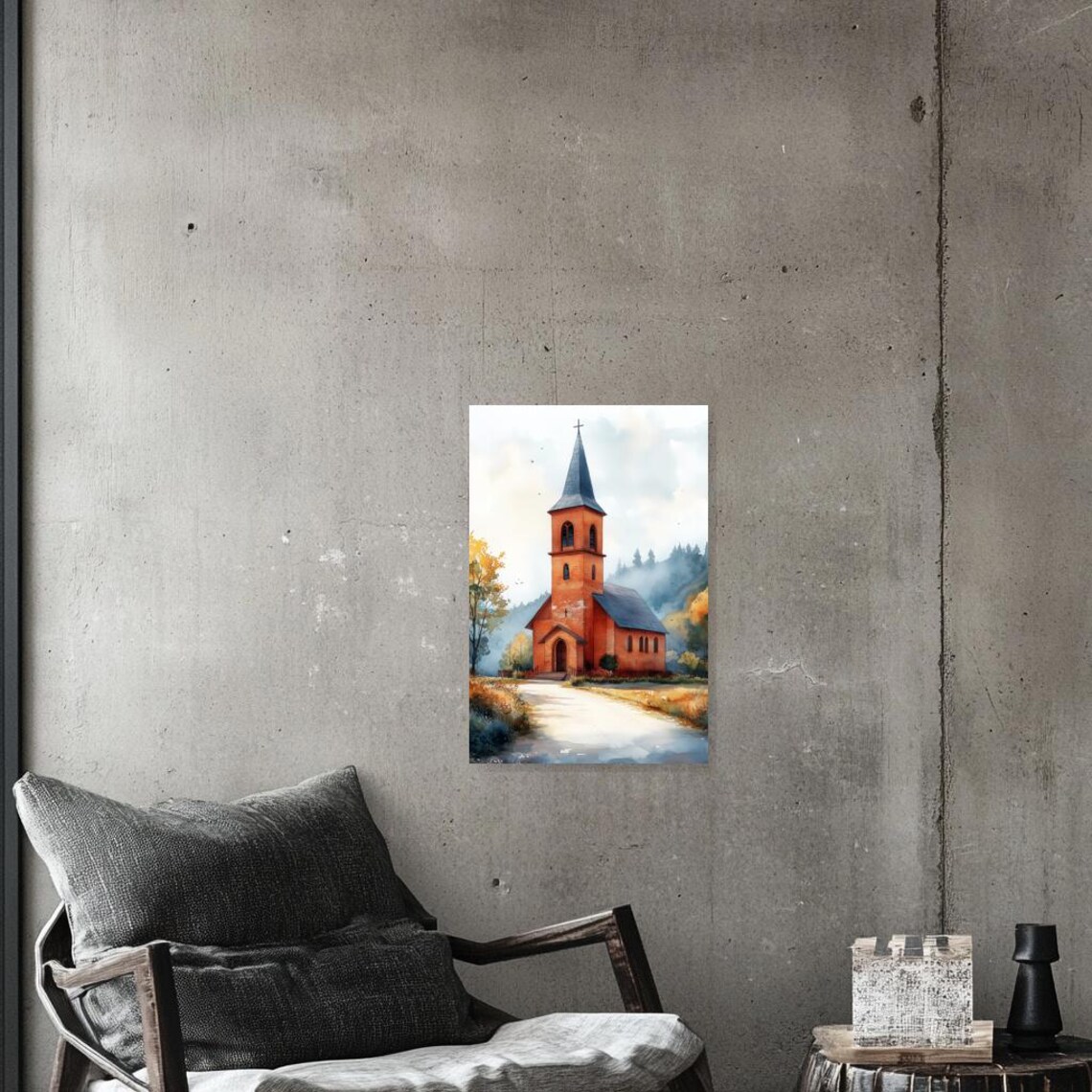 Red Brick Country Church Watercolor Autumn Countryside Poster - Image 2