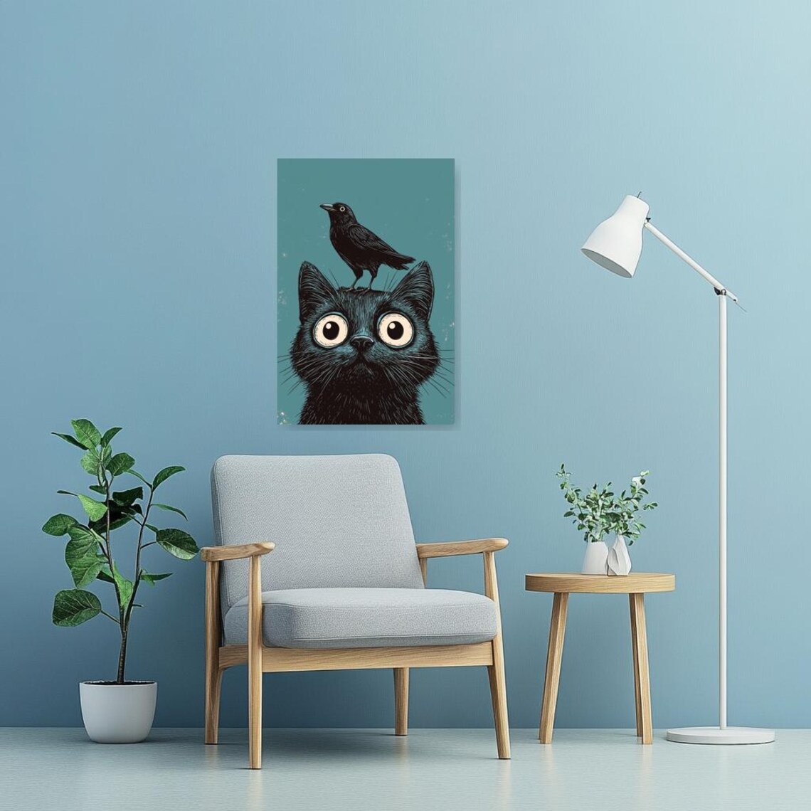 Funny Black Cat With Wide Eyes and Crow on Head Cartoon Art Poster - Image 3
