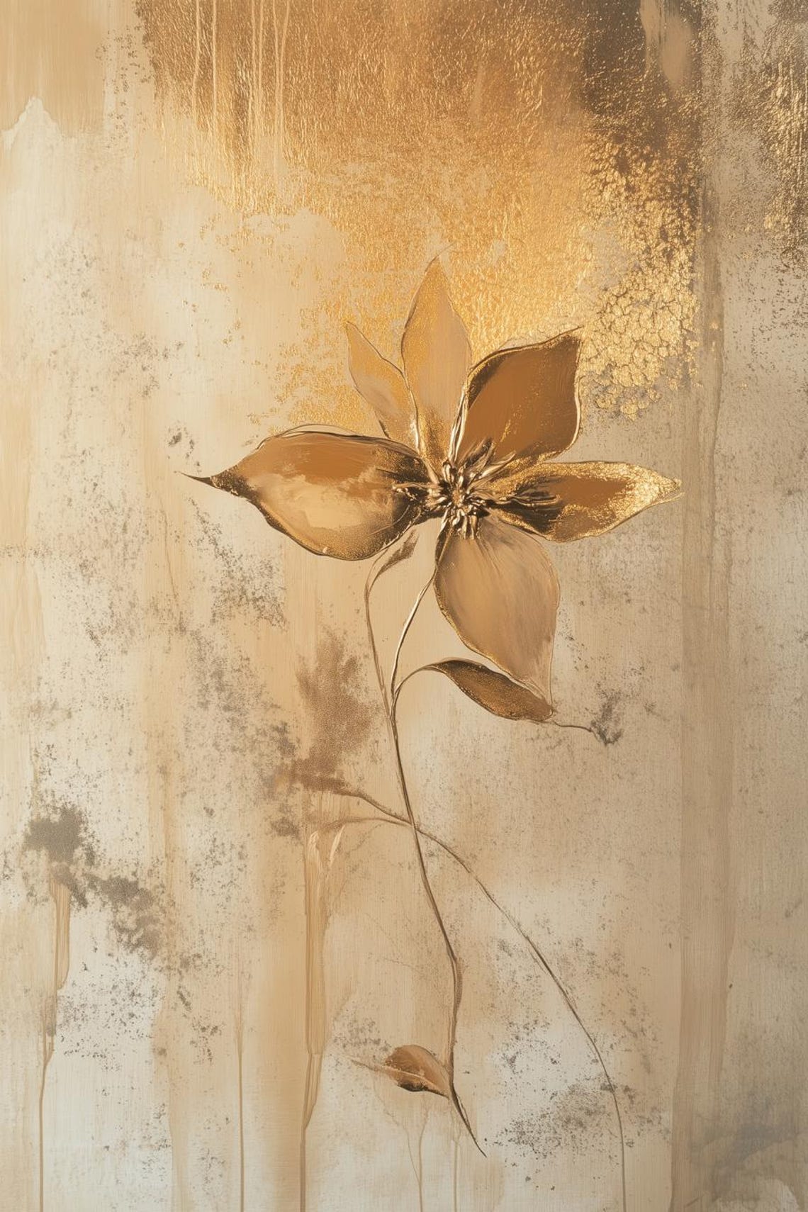 Single Golden Metallic Flower on a Beige Abstract Canvas Poster