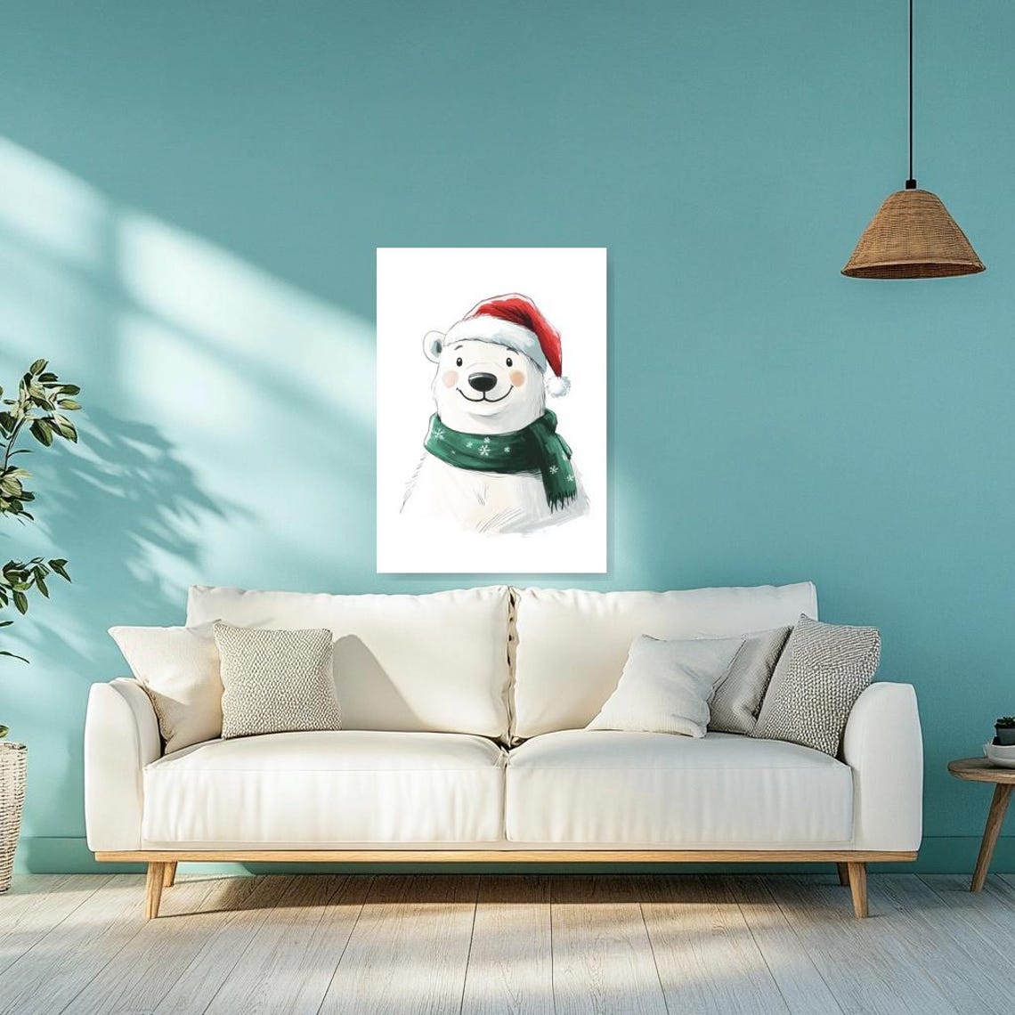 Cute Polar Bear Santa Hat Green Scarf Christmas Holiday Poster - Image 3