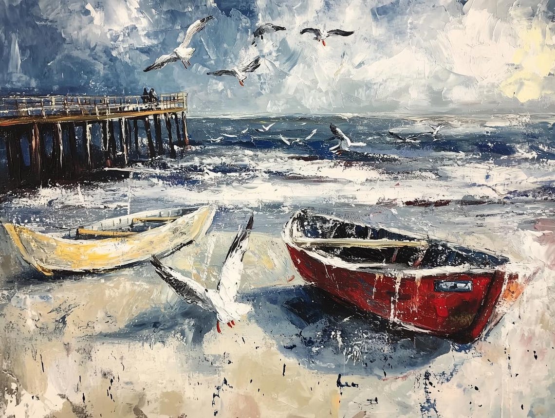 Coastal Harbor Scene with Beached Boats and Flying Seagulls Poster