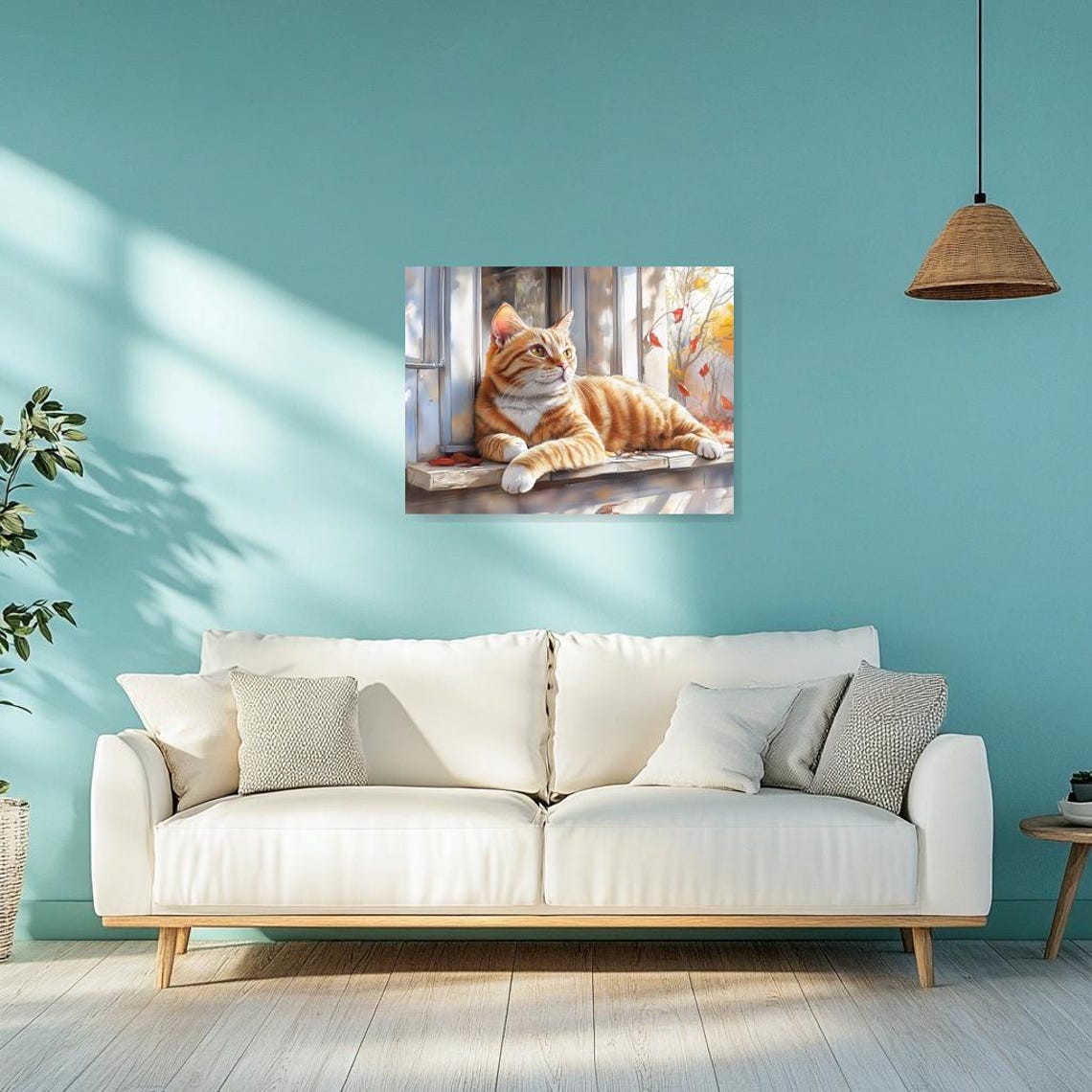 Ginger Orange Tabby Cat Lounging on an Autumn Windowsill Poster - Image 2