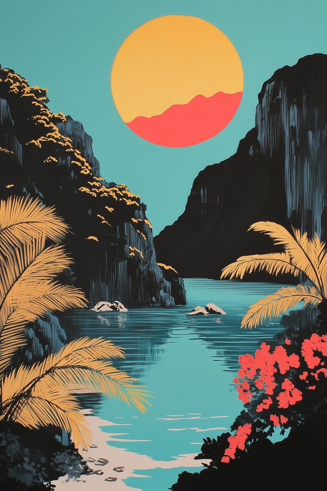Tropical Lagoon Sunset With Cliffs and Palms Bold Graphic Art Poster