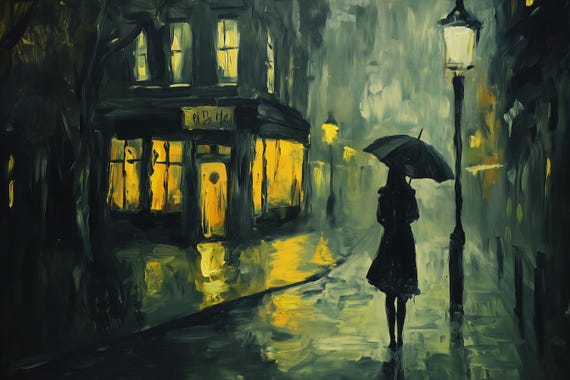 Moody Rainy Night Street Scene Print Inspired By Van Gogh With Deep Greens Bright Yellows And Umbrella Figure