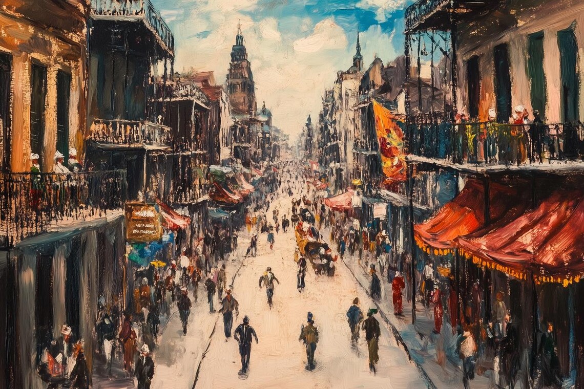 New Orleans French Quarter Busy Street Scene Painting Poster