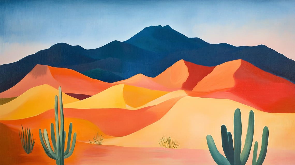 Modern Desert Landscape With Cactus Dunes And Layered Mountains Poster
