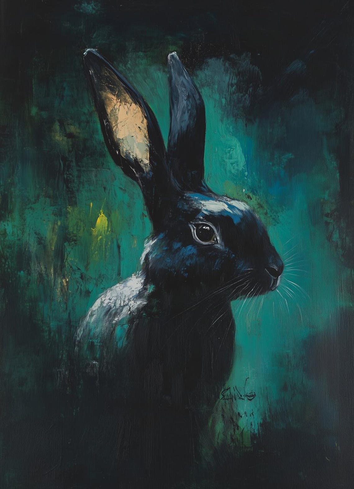 Black Rabbit Portrait Dark Teal Background Expressive Animal Poster