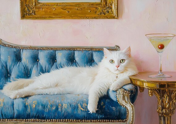 Elegant White Cat Lounging on a Blue Velvet Chaise with Martini Poster