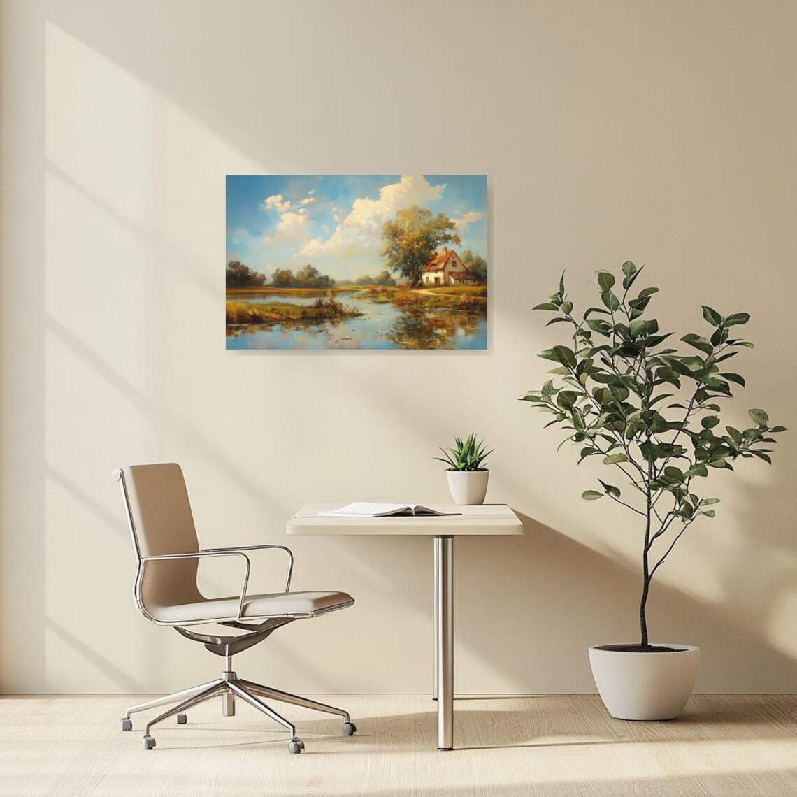 Serene Landscape, Vintage Cottage Reflection - Image 2
