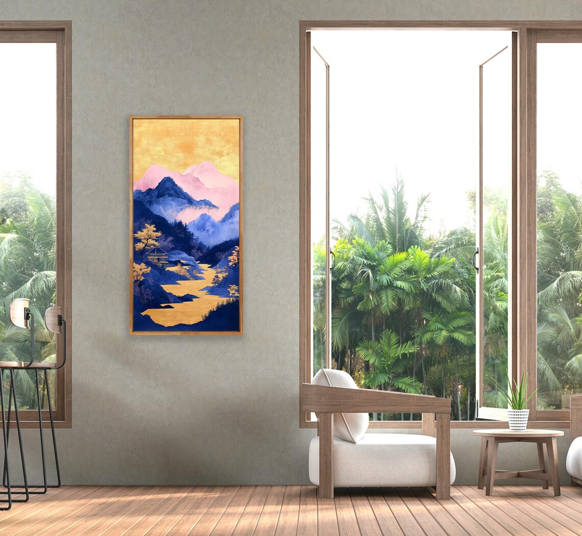 Asian Mountain Landscape Golden River Blue Peaks Golden Pagoda Poster - Image 2
