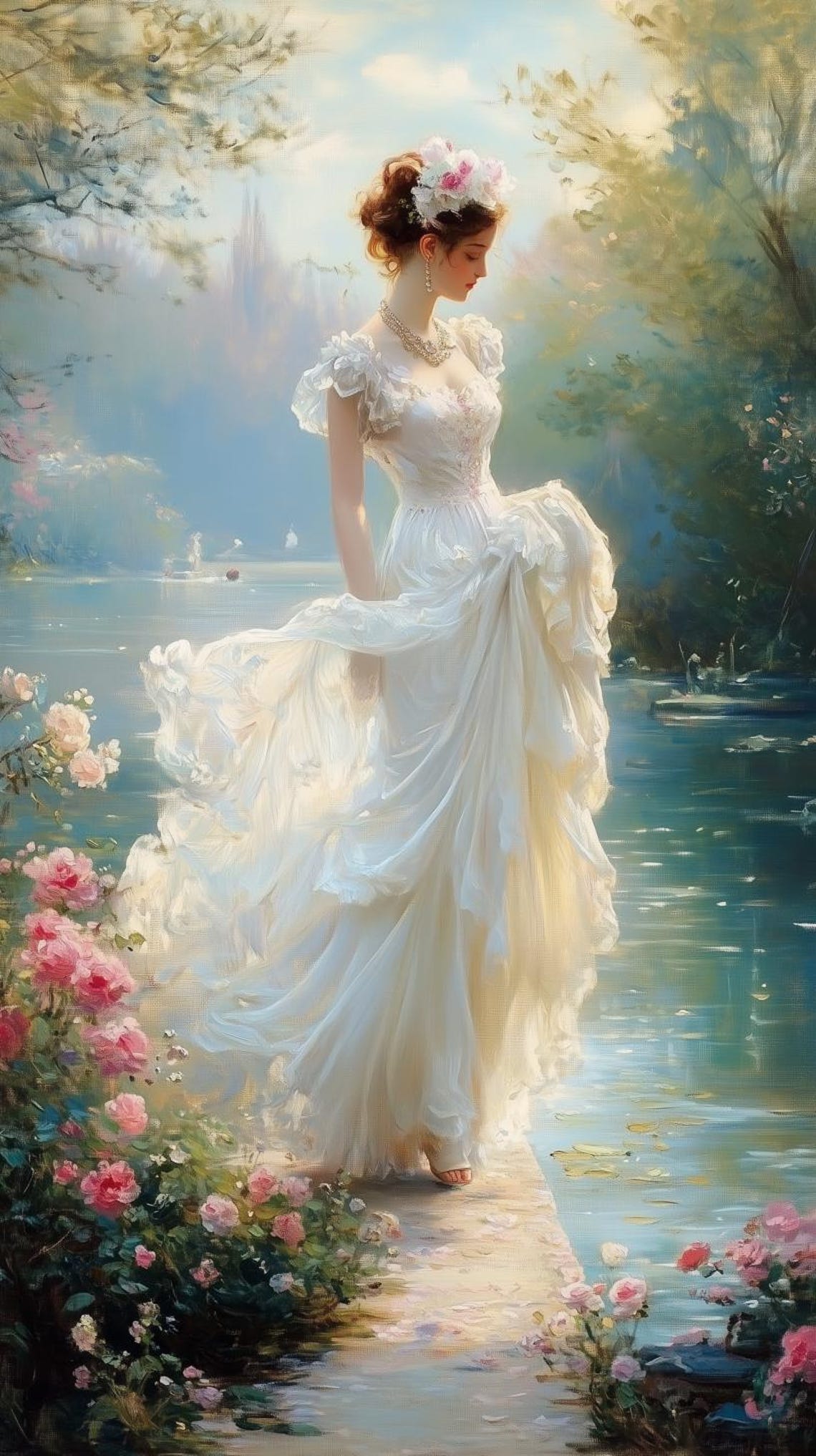 Elegant Lady White Gown Lakeside Rose Garden Romantic Poster