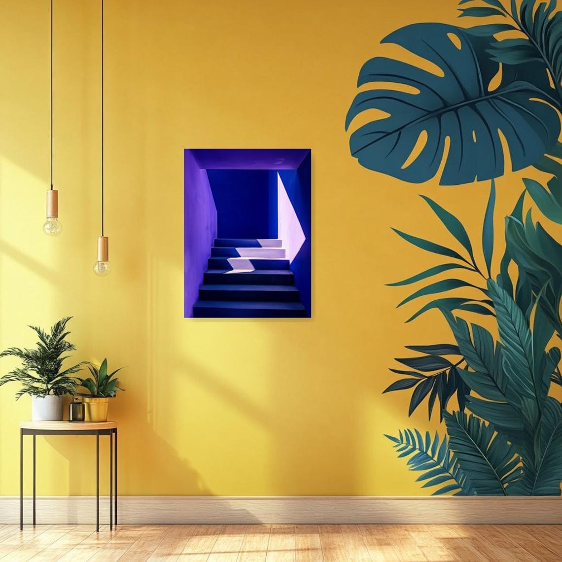Cobalt Blue Staircase with Dramatic Sunlight and Shadow Poster - Image 3