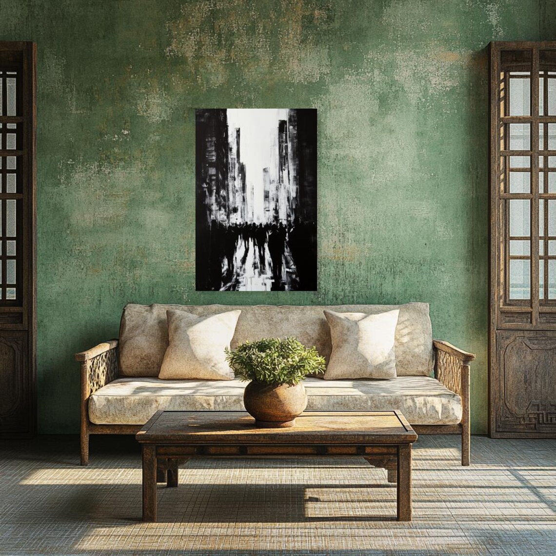 Black and White Abstract Cityscape with Crowd Silhouettes Poster - Image 3