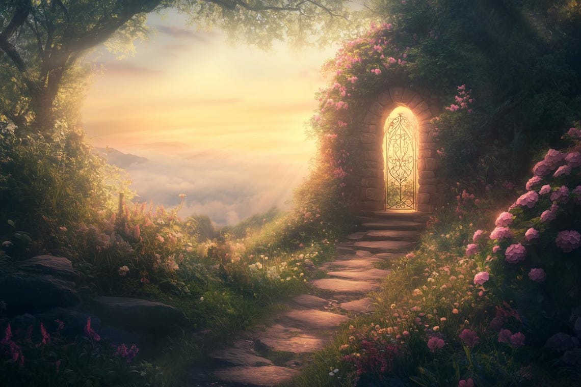 Fairy Tale Garden Pathway Glowing Archway Enchanted Magic Poster