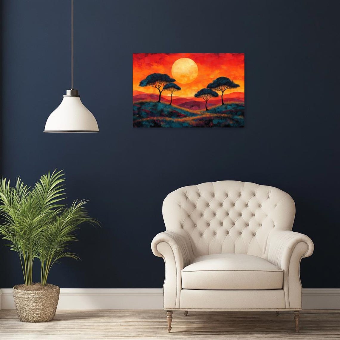 Fiery Red Sunset Landscape with Silhouetted Acacia Trees Poster - Image 2