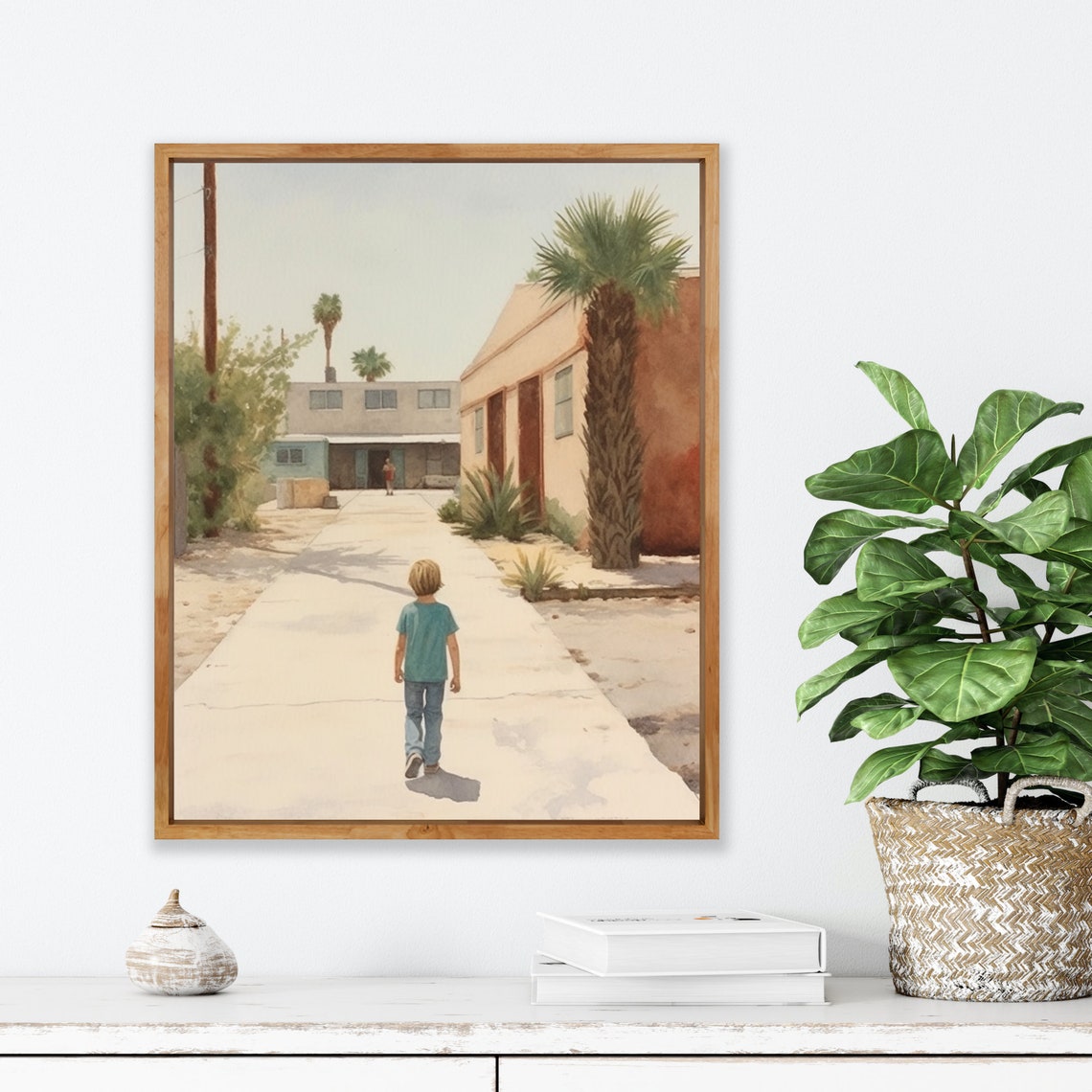 Sidewalk Solitude Boy Walking Down Sunny Palm Driveway Poster - Image 2