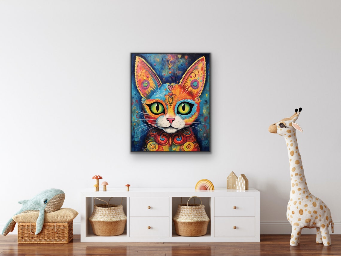 Psychedelic Rainbow Folk Art Cat Face with Big Green Eyes Poster - Image 2