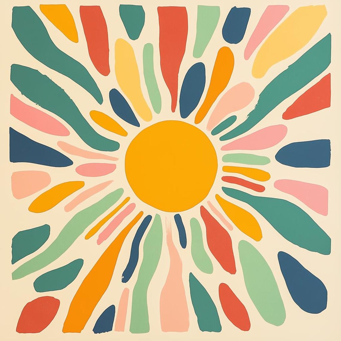 Happy Bright Cheerful Multicolor Sunburst Retro Folk Art Poster