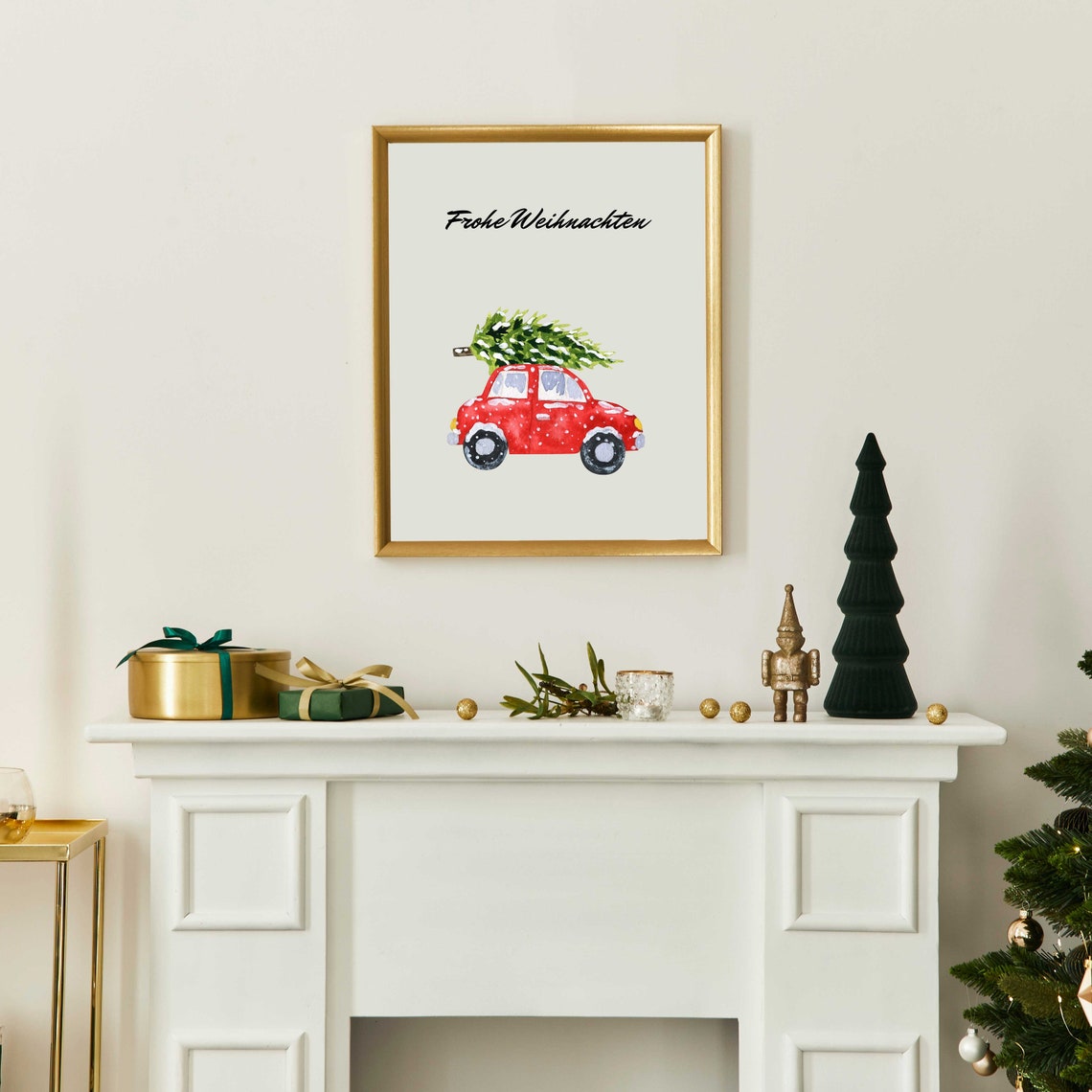 Frohe Weihnachten Red Car Christmas Tree German Holiday Poster - Image 3