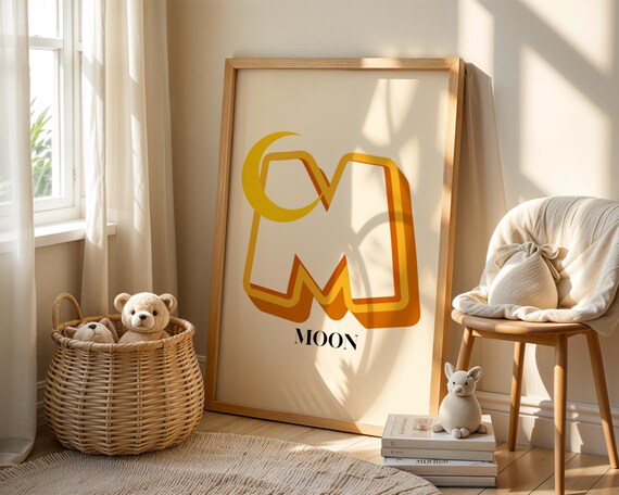 Letter M Is For Moon Retro Alphabet Nursery Kids Room Wall Art