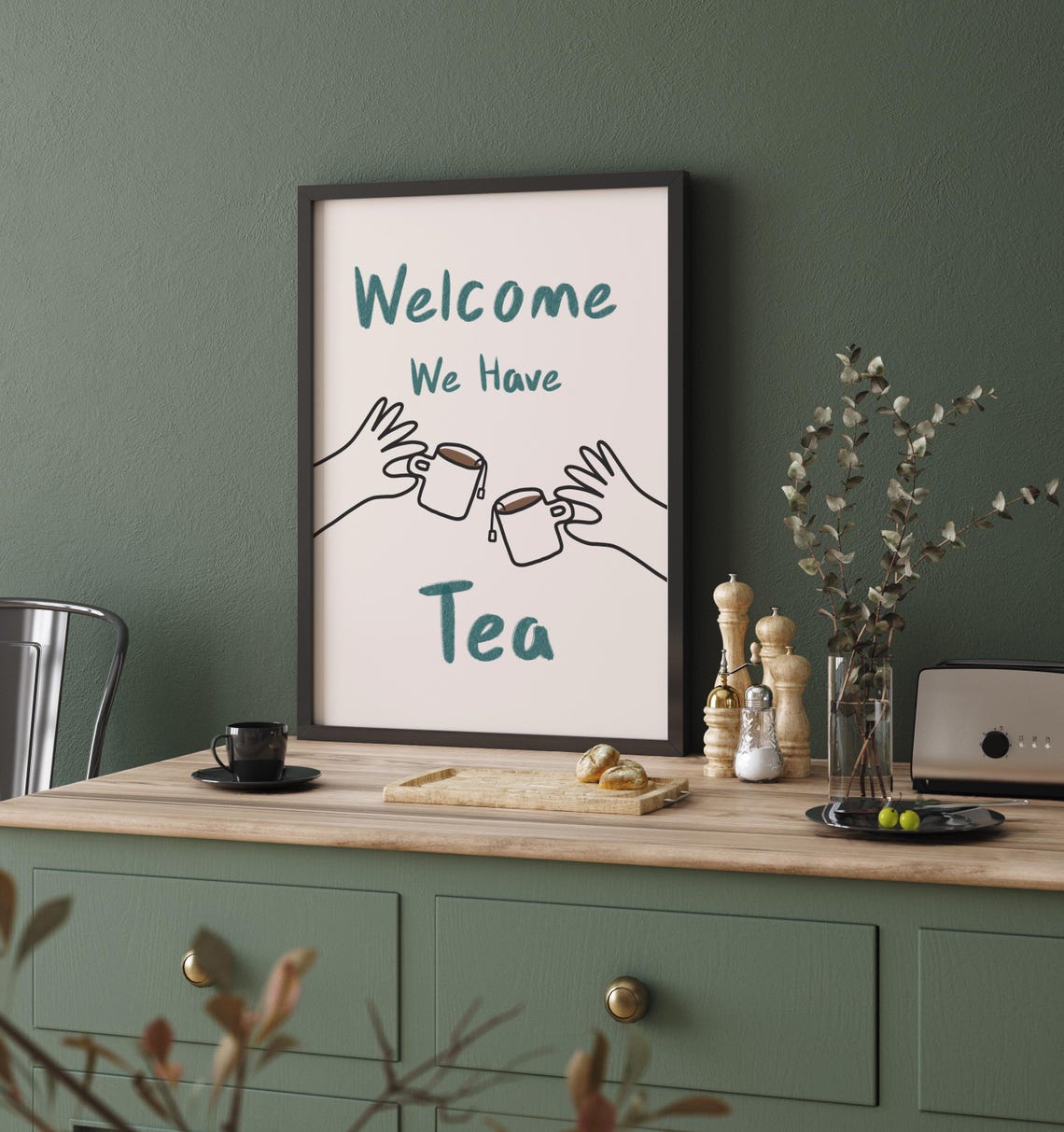 Welcome We Have Tea Poster with Clinking Mugs Cosy Kitchen Decor - Image 2