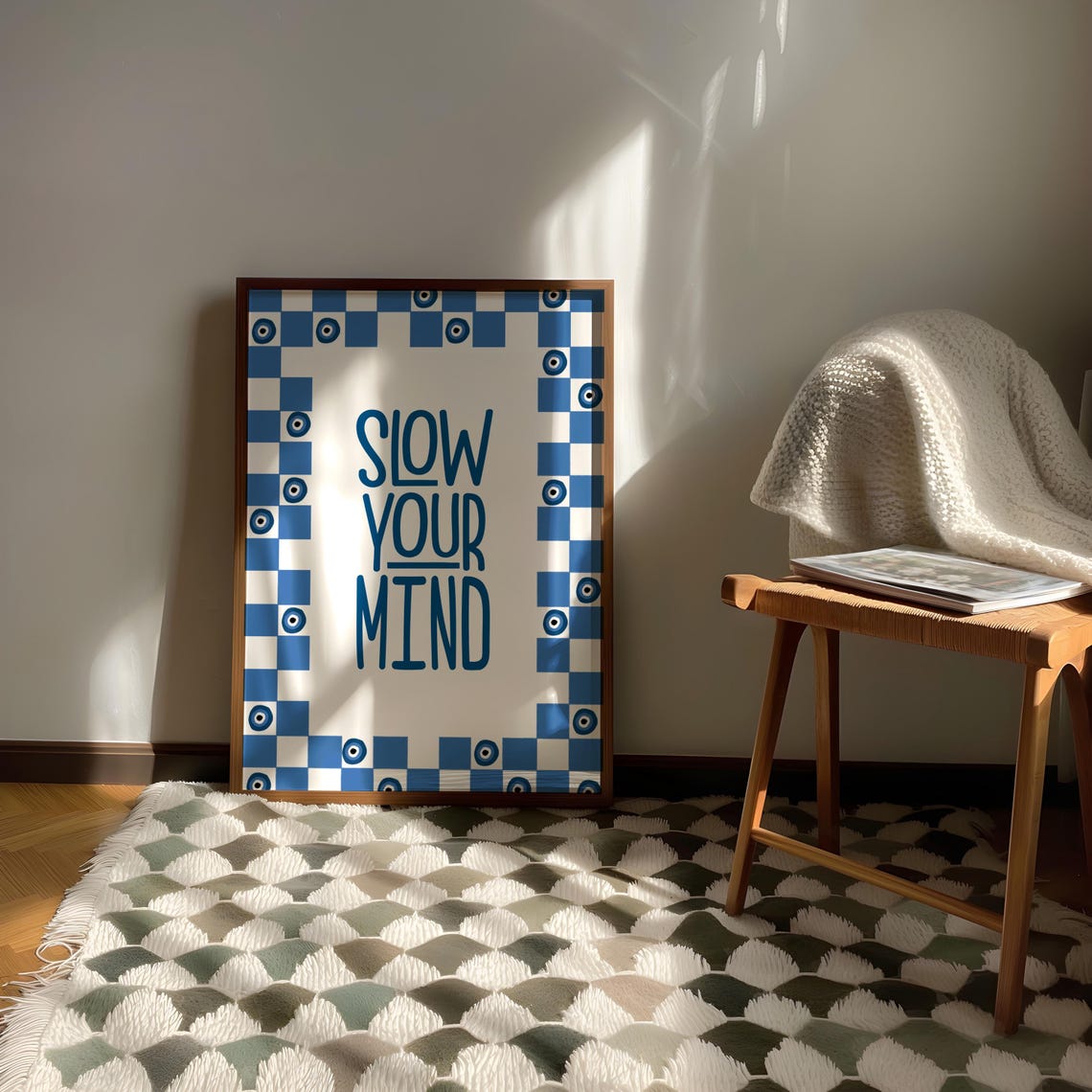 Slow Your Mind Blue Evil Eye Checkerboard Calm Affirmation Poster - Image 2