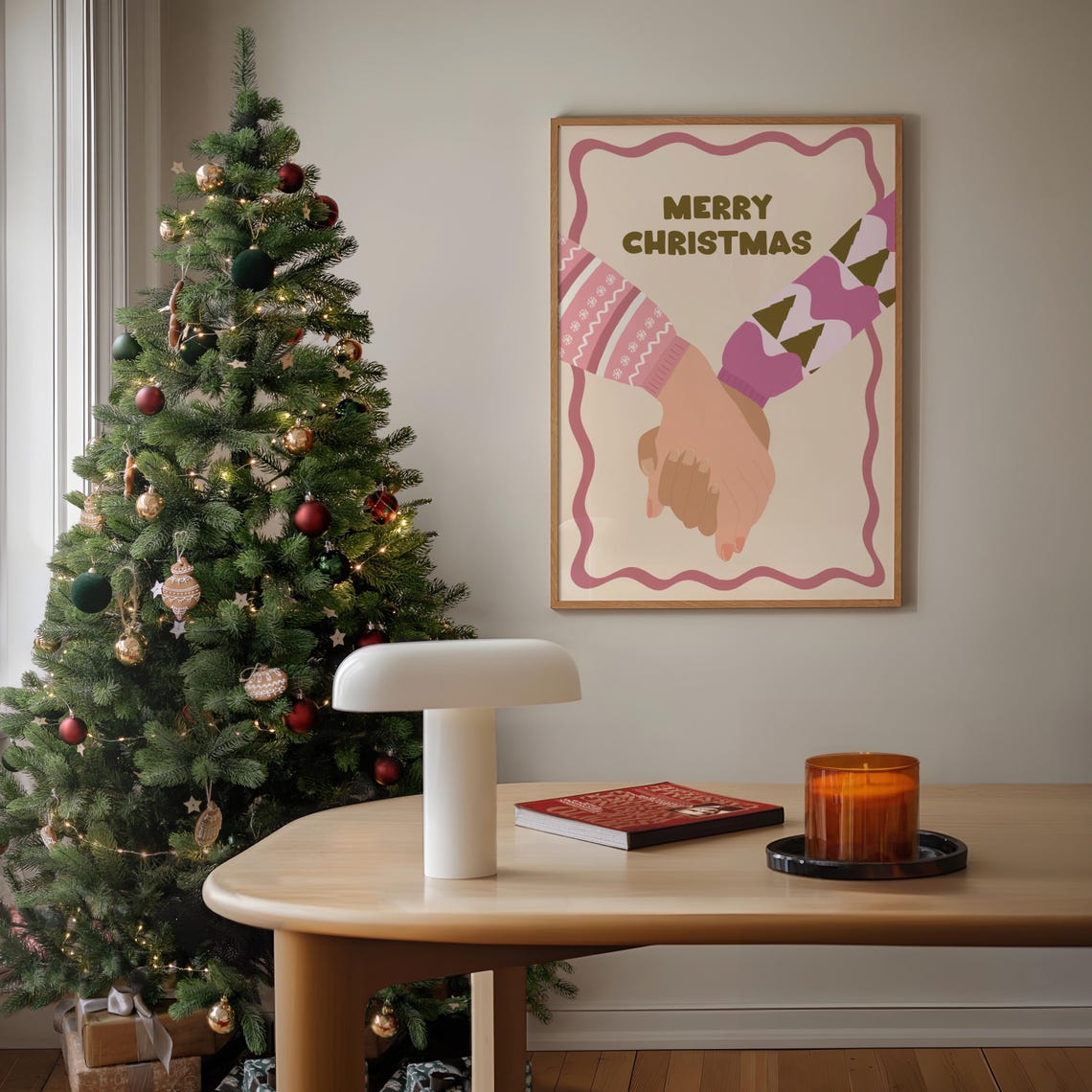 Merry Christmas Holding Hands Poster Pink Festive Couple Decor - Image 3